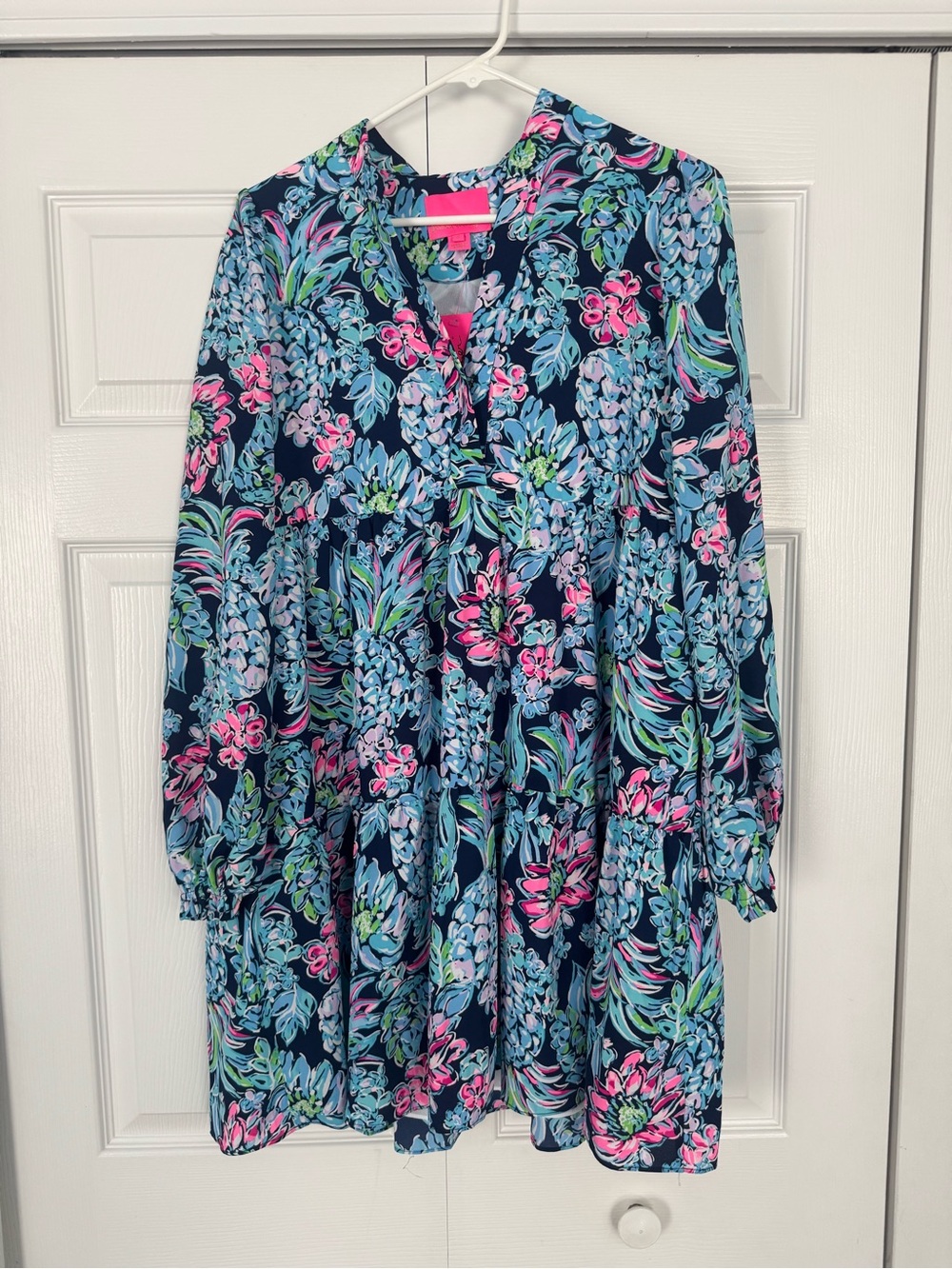 Lilly Pulitzer Navy Floral Tiered Girls' Dress with Pink & Light Blue Accents
